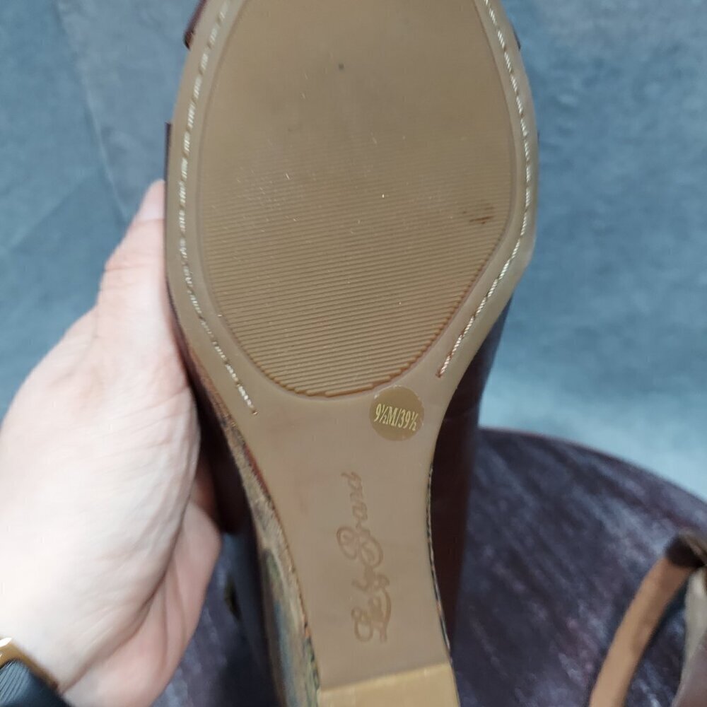 Lucky Brand Tan Cork Wedge Platform Sandals Size 9.5M with paisley print - Picture 13 of 15